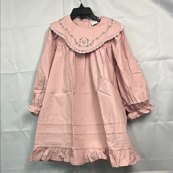 Dudu Cream dusty rose embroidered bib collar long sleeve dress size 5-6 NEW - Picture 2 of 15